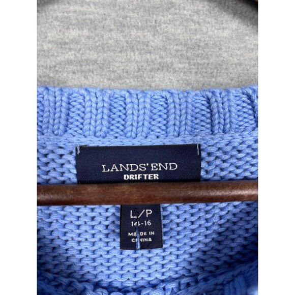 Lands End Drifter Cable Knit Sweater L/P Blue 100% Cotton Womens Pullover - Picture 2 of 5